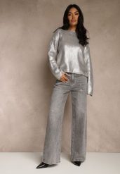 Szare Jeansy High Waist Wide Leg ze Świecącymi Drobinkami Luiza. Szare jeansy damskie Renee, z podwyższonym stanem. Za 129.99 zł.