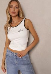 Biały Top z Wiskozą i Ozdobnym Nadrukiem Amotia. Białe bluzki damskie Renee, m, bez wzorów, z jeansu, bez kołnierzyka, bez ramiączek. Za 39.99 zł.