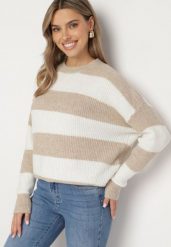 Beżowy Sweter w Pasy z Wełną Zakończony Ściągaczem Tiaelle. Brązowe swetry damskie Born2be, bez wzorów, z wełny, klasyczne, bez kołnierzyka, bez ramiączek, bez kaptura. Za 119.99 zł.