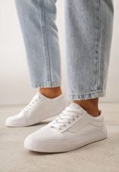 Wiązane Białe Tenisówki Trampki pod Kostkę z Ozdobnym Paskiem Wiolana. Białe trampki i tenisówki damskie Born2be, bez wzorów, z jeansu, sportowe, bez zapięcia. Za 79.99 zł.