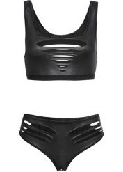 Biustonosz typu bustier + figi typu ouvert z materiału z efektem wet look (2 części). Czarne biustonosze bonprix, bez wzorów. Za 99.99 zł.