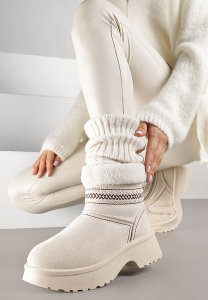 Beżowe Krótkie Śniegowce Wsuwane z Haftem i Futerkiem przy Cholewce Miovadia. Brązowe śniegowce i trapery damskie Renee, z wełny. Za 79.99 zł.