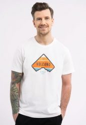 T-shirt z printem, Comfort Fit, T-VOLCANO. Brązowe t-shirty męskie Volcano, m, bez wzorów, z bawełny, bez kołnierzyka. Za 69.99 zł.