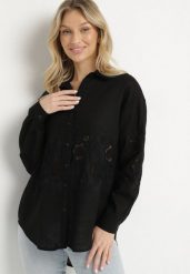 Czarna Koszula z Lnem o Kroju Oversize z Ażurowymi Zdobieniami Dannilea. Czarne bluzki damskie Born2be, l, z aplikacjami, z bawełny, klasyczne, bez kołnierzyka, bez ramiączek. Za 109.99 zł.