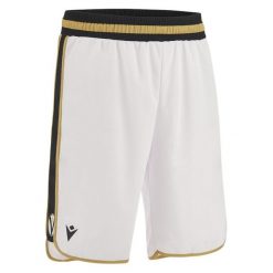 Szorty wyjazdowe Virtus Bologne Europa 2022/23. Białe krótkie spodenki sportowe męskie Macron, bez wzorów, do koszykówki. W wyprzedaży za 171.00 zł.