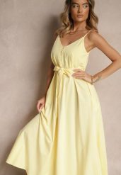 Żółta Sukienka z Bawełną i Wiskozą z Ozdobnym Paskiem Savaine. Żółte sukienki dla dziewczynek Renee, bez wzorów, z bawełny, eleganckie, bez ramiączek. Za 99.99 zł.