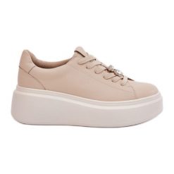 Skórzane Buty Sportowe Damskie Na Platformie Z Przypinką Vinceza 39922 Beżowe beżowy. Brązowe obuwie sportowe damskie bez wzorów, ze skóry. Za 281.25 zł.