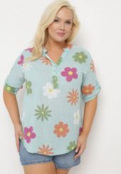 Miętowa Koszula z Lnu i Bawełny w Kwiaty z Krótkim Rękawem Ambubia. Zielone bluzki damskie Born2be, na lato, plus size, bez wzorów, z bawełny, bez kołnierzyka, plus size, bez ramiączek. Za 79.99 zł.