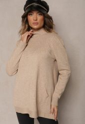 Jasnobeżowy Sweter Półgolf z Bawełną i Kieszenią z Przodu Emittes. Brązowe swetry damskie Renee, l, bez wzorów, z bawełny, eleganckie, bez kołnierzyka, bez ramiączek, długie, bez kaptura. Za 84.99 zł.