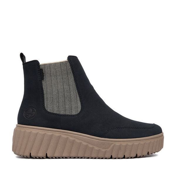 Botki Rieker. Niebieskie botki damskie Rieker, bez obcasa, na płaskiej podeszwie, bez zapięcia. Za 269.99 zł.