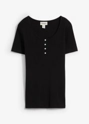 Bluzka z dekoltem henley z czystej bawełny organicznej. Czarne bluzki damskie bonprix, bez wzorów, z bawełny, bez kołnierzyka, bez ramiączek. Za 59.99 zł.