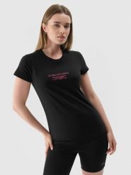 4F T-shirt slim z nadrukiem damski - czarny S. Czarne koszulki sportowe damskie 4f, s, bez wzorów, z dzianiny, bez kołnierzyka, bez ramiączek. Za 69.99 zł.