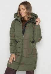 Ciemnozielona Kurtka Pikowana z Kapturem i Suwakami po Bokach Lindrie. Zielone kurtki damskie Born2be, l, bez wzorów, z dzianiny, z kapturem. Za 219.99 zł.