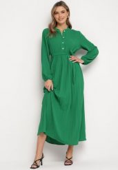 Zielona Rozkloszowana Sukienka Maxi z Plisowanym Dołem i Wiązanym Paskiem Nollira. Zielone sukienki damskie Born2be, bez wzorów, eleganckie, bez kołnierzyka, bez ramiączek, maxi, plisowane. Za 119.99 zł.