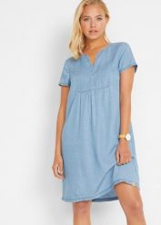 Sukienka z lyocellu. Niebieskie sukienki damskie bonprix, bez wzorów, z lyocellu, eleganckie, bez kołnierzyka, bez ramiączek. Za 119.99 zł.