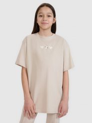 4F T-shirt oversize z nadrukiem dziewczęcy - beżowy 152 (11-12 lat). Brązowe t-shirty i topy dla dziewczynek 4f, bez wzorów, z bawełny, bez ramiączek. W wyprzedaży za 29.99 zł.