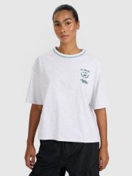 T-shirt oversize z nadrukiem damski 4F 4FRSS25TTSHF2979. Szare t-shirty damskie 4f, xl, bez wzorów, z bawełny, klasyczne, bez kołnierzyka. Za 34.99 zł.