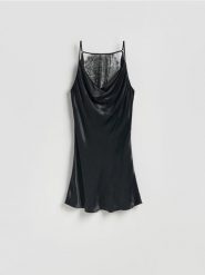 Sukienka mini z wiskozy - czarny. Czarne sukienki damskie Reserved, l, bez wzorów, z tkaniny, bez kołnierzyka, bez ramiączek, mini, dopasowane. Za 199.99 zł.