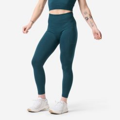 Legginsy do treningu siłowego damskie Domyos bezszwowe. Czarne legginsy damskie DOMYOS, l, bez wzorów, z dzianiny, z podwyższonym stanem, długie, na fitness i siłownię. Za 99.99 zł.