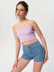 Szorty jeansowe high waist - niebieski. Niebieskie szorty damskie Sinsay, l, bez wzorów, z bawełny, z podwyższonym stanem. W wyprzedaży za 19.99 zł.