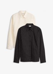 Bluzka koszulowa z bawełny (2 szt.). Białe bluzki damskie bonprix, bez wzorów, z bawełny, eleganckie, bez kołnierzyka, bez ramiączek. Za 124.99 zł.