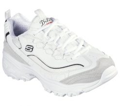 Buty do chodzenia damskie Skechers D'lites. Białe obuwie sportowe damskie Skechers, bez wzorów, z gumy, trekkingowe. Za 299.99 zł.