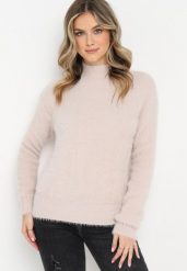 Beżowy Sweter z Półgolfem i Dłuższym Włosiem Evassem. Brązowe swetry damskie Born2be, bez wzorów, z dzianiny, bez kołnierzyka, bez ramiączek, długie, bez kaptura. Za 54.99 zł.