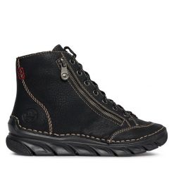 Botki Rieker. Czarne botki damskie Rieker, bez obcasa, na płaskiej podeszwie, bez zapięcia. Za 309.99 zł.