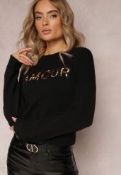 Czarny Sweter z Naszywkami z Napisem Amour Mavilla. Czarne swetry damskie Renee, z aplikacjami, z dzianiny, casualowe, bez kołnierzyka, bez ramiączek, długie, bez kaptura. Za 84.99 zł.