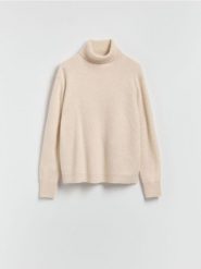 Wełniany sweter z kaszmirem - beżowy. Brązowe swetry damskie Reserved, l, bez wzorów, z dzianiny, bez kołnierzyka, bez ramiączek, bez kaptura. Za 299.99 zł.