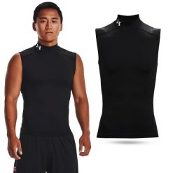 Koszulka termoaktywna męska Under Armour HeatGear Mock bez rękawów tank top. Czarne bielizna termoaktywna męska Under Armour, m, bez wzorów, bez kołnierzyka, bez ramiączek, na fitness i siłownię. Za 143.15 zł.