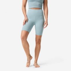Legginsy krótkie do jogi i pilatesu Domyos. Niebieskie legginsy damskie DOMYOS, l, bez wzorów, z materiału, z podwyższonym stanem, krótkie, na fitness i siłownię. Za 69.99 zł.