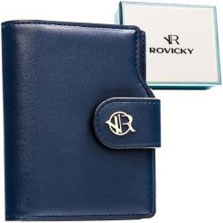 Granatowy portfel damski ze skóry ekologicznej zamykany na zatrzask i suwak - Rovicky. Niebieskie portfele damskie ROVICKY, bez wzorów, ze skóry ekologicznej. Za 89.99 zł.