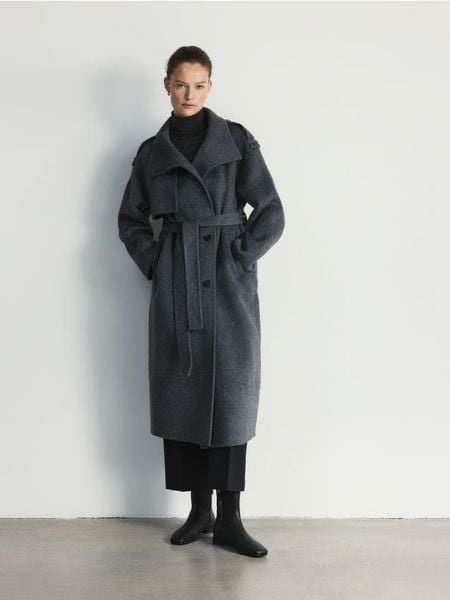 Płaszcz handmade z wełną - szary. Szare płaszcze damskie Reserved, l, bez wzorów, z tkaniny, bez kaptura. W wyprzedaży za 329.99 zł.