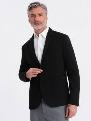 Marynarka męska z naszywanymi kieszeniami - czarna V5 OM-BLZB-0127 - L. Czarne marynarki męskie Ombre Clothing, bez wzorów, z materiału, eleganckie. W wyprzedaży za 229.99 zł.