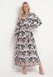 Beżowo-Czarna Sukienka o Pudełkowym Fasonie z Satyny w Ornamentalny Print Alerosa. Brązowe sukienki damskie Born2be, l, bez wzorów, z materiału, bez kołnierzyka, bez ramiączek, maxi. Za 139.99 zł.