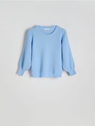 Strukturalny sweter z wiskozą - jasnoniebieski. Niebieskie swetry damskie Reserved, l, bez wzorów, z dzianiny, bez kołnierzyka, bez ramiączek, bez kaptura. W wyprzedaży za 79.99 zł.