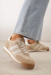 Beżowe Sneakersy z Dwoma Paskami Evilirea. Brązowe obuwie sportowe damskie Born2be, bez wzorów, z jeansu. Za 109.99 zł.