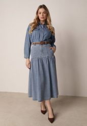 Niebieska Bawełniana Spódnica Jeansowa z Rozkloszowanym Dołem i Plecionym Paskiem Doriame. Niebieskie spódnice damskie Born2be, l, bez wzorów, z bawełny, biznesowe, midi, dopasowane. Za 189.99 zł.