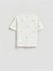 T-shirt z aplikacją - biały. Białe t-shirty damskie Reserved, l, z aplikacjami, z bawełny, bez kołnierzyka. Za 89.99 zł.