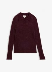 Sweter polo z miękkiej dzianiny ażurowej. Brązowe swetry damskie bonprix, w ażurowe wzory, z dzianiny, bez kołnierzyka, bez ramiączek, bez kaptura. Za 219.99 zł.