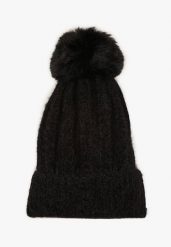 Czarna Czapka z Prążkowanego Materiału z Pomponem Vamieska. Czarne czapki i kapelusze damskie Born2be, na zimę, bez wzorów, prążkowane, eleganckie. Za 29.99 zł.