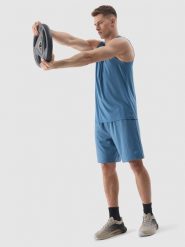 4F Spodenki treningowe szybkoschnące męskie - niebieskie L. Niebieskie krótkie spodenki sportowe męskie 4f, l, bez wzorów, z dzianiny, na fitness i siłownię. W wyprzedaży za 49.99 zł.