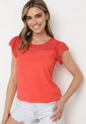 Czerwony Bawełniany T-shirt Bluzka z Przezroczystymi Rękawami i Dekoltem Lavinara. Czerwone bluzki damskie Born2be, l, bez wzorów, z bawełny, bez kołnierzyka. Za 44.99 zł.