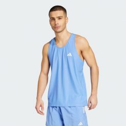 Koszulka Own The Run Tank. Niebieskie koszulki sportowe męskie Adidas, s, bez wzorów, z materiału, sportowe, bez kołnierzyka. W wyprzedaży za 119.20 zł.