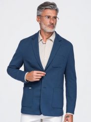 Męska slimowana marynarka SLIM z dzianiny o subtelnej strukturze – niebieska V6 - Rozmiar: XL. Niebieskie marynarki męskie Ombre Clothing, bez wzorów, z bawełny, biznesowe. Za 379.99 zł.