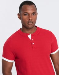 Ombre Koszulka męska polo bez kołnierzyka - czerwona V2 OM-TSCT-0156 XL. Czerwone koszulki polo męskie Ombre, m, bez wzorów, bez ramiączek. Za 79.99 zł.