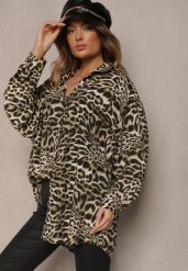 Ciemnobeżowa Koszula Oversize z Wiskozy z Lnem Sanalinae. Brązowe bluzki damskie Renee, bez wzorów, z jeansu, eleganckie, bez kołnierzyka, bez ramiączek. Za 69.99 zł.