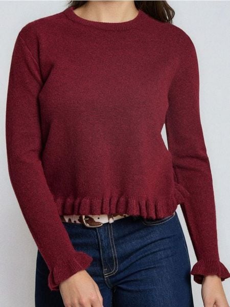 Sweter z ozdobnymi falbanami z domieszką wełny - różowy. Czerwone swetry damskie Sinsay, l, bez wzorów, z wełny, bez kołnierzyka, bez ramiączek, bez kaptura. Za 59.99 zł.