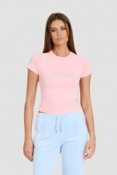 JUICY COUTURE Różowy t-shirt Retroshrunken Tee. Czerwone t-shirty damskie Juicy Couture, s, bez wzorów, bez kołnierzyka. W wyprzedaży za 128.99 zł.